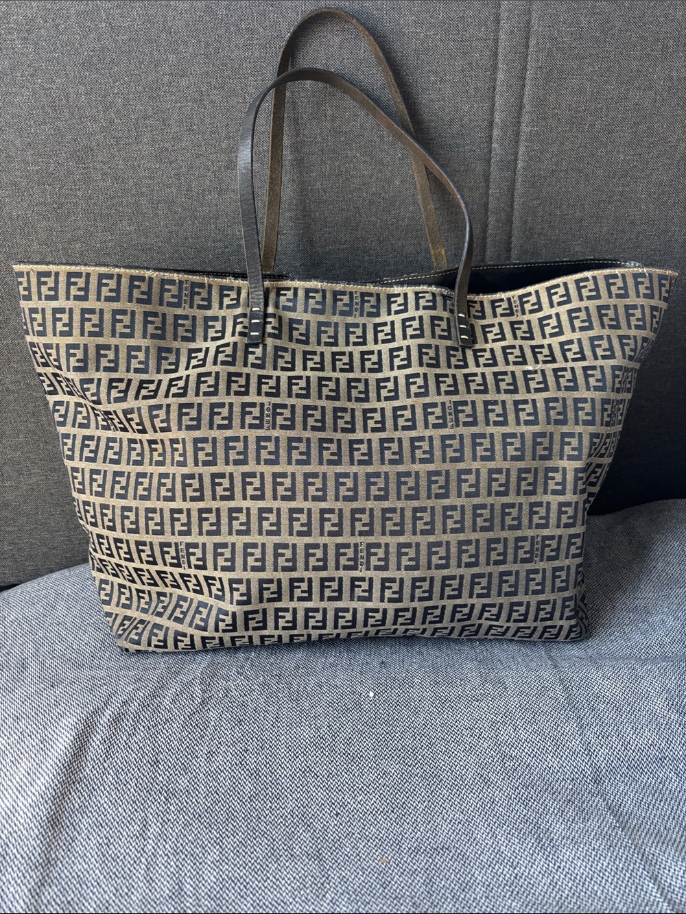 Fendi Zucca Print Nylon Fabric Tote Bag Vintage Gray & Navy Blue